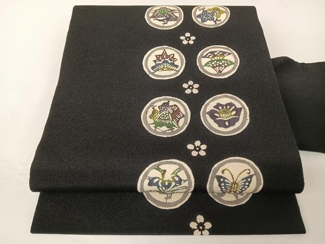 平和屋着物●紅型 九寸名古屋帯 花蝶文 黒地 正絹 逸品 AABA2562np