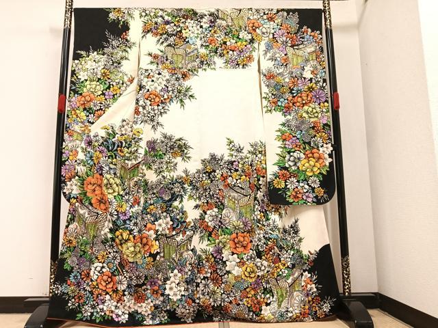 平和屋着物●豪華振袖 駒刺繍 御所車花文 金彩 正絹 逸品 AABA2707ph