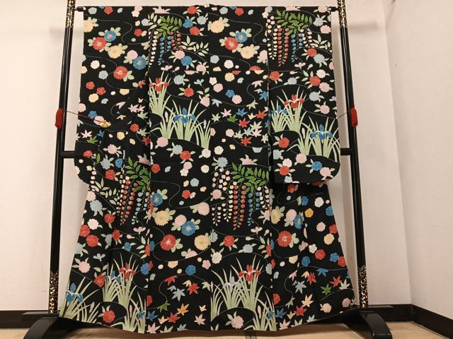平和屋着物●豪華振袖 絞り 草花文 黒地 正絹 逸品 AABA2733ph