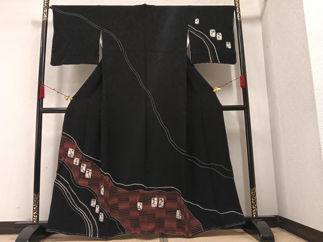 平和屋着物●訪問着 絞り 流水色紙文 黒地 正絹 逸品 AABA2738ph