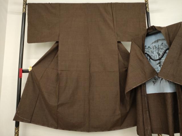 平和屋着物●男性 結城紬 アンサンブル 色無地 赤墨色 正絹 逸品 未使用 AABA3301ck
