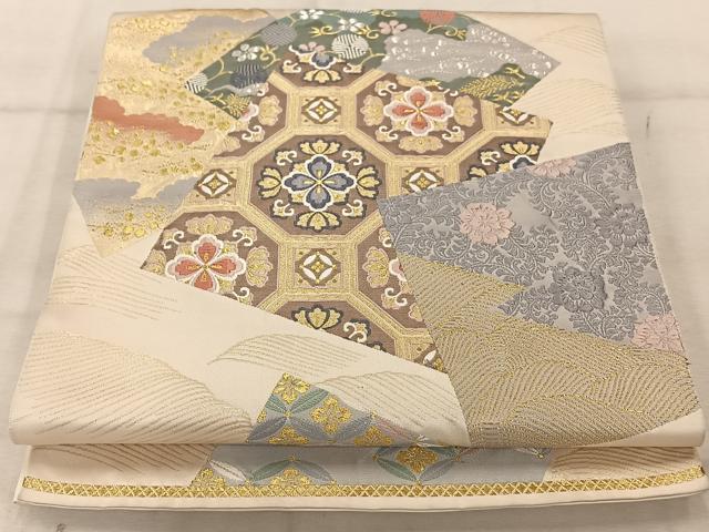 平和屋着物◎六通柄袋帯 唐織 色紙重ね流水文 金銀糸 正絹 逸品 AABA3688tn