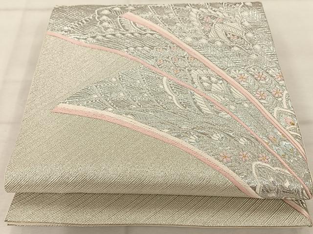 平和屋着物◎六通柄袋帯 唐織 孔雀羽文 銀糸 正絹 逸品 AABA3690tn
