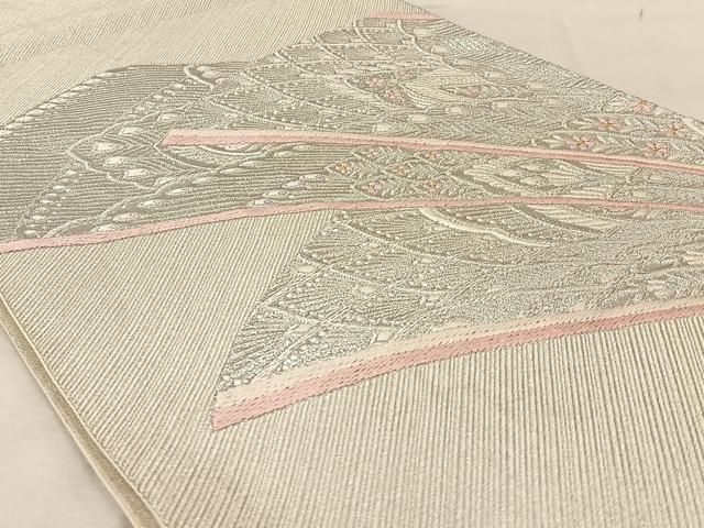 平和屋着物◎六通柄袋帯 唐織 孔雀羽文 銀糸 正絹 逸品 AABA3690tn