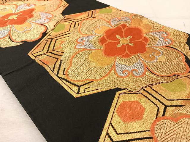 平和屋着物◎六通柄袋帯 唐織 亀甲花文 黒地 金銀糸 正絹 逸品 AABA3712tn