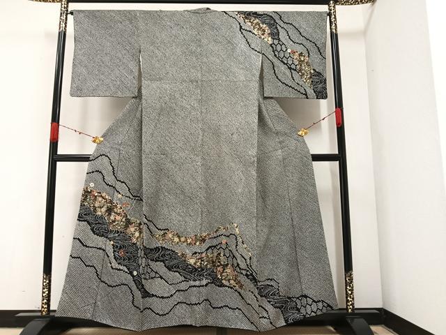 平和屋着物●訪問着 絞り 刺繍 草花文 黒地 金彩 正絹 逸品 AABA3771ph