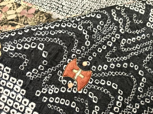平和屋着物●訪問着 絞り 刺繍 草花文 黒地 金彩 正絹 逸品 AABA3771ph