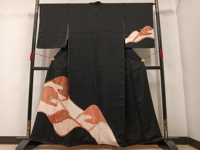 平和屋着物●訪問着 絞り 刺繍 南天文 黒地 金彩 正絹 逸品 AABA3820ph