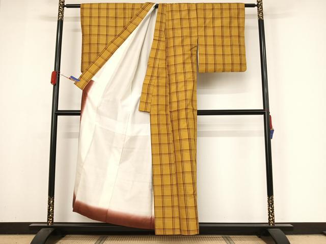 平和屋着物●本場黄八丈 綾織 格子 正絹 逸品 AABI2619cs