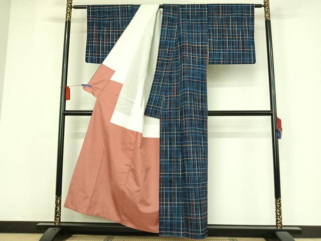 平和屋着物●上質な紬 格子 正絹 逸品 AABA4539np