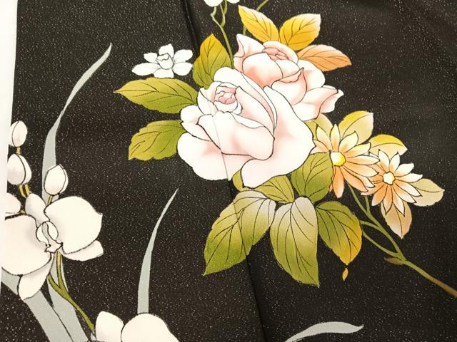 平和屋着物●訪問着 手描き 草花文 黒地 金通し地 丹後ちりめん 反端付き ロング丈 正絹 逸品 AABA4583np