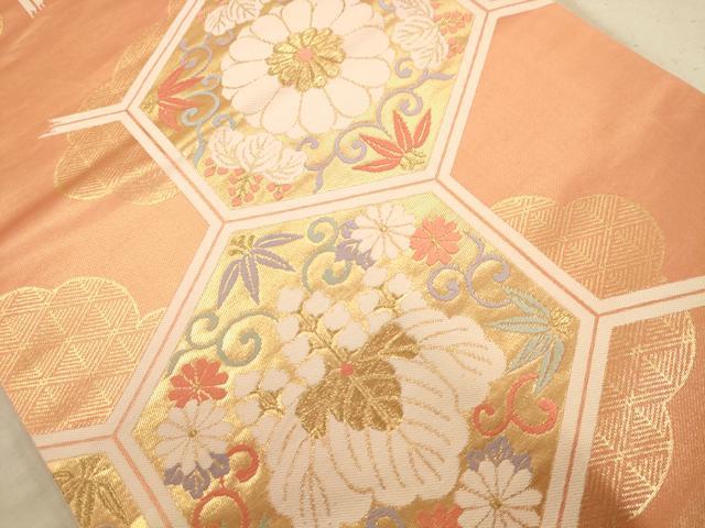 平和屋着物◎六通柄袋帯 唐織 亀甲花文 金糸 正絹 逸品 AABA4774dt