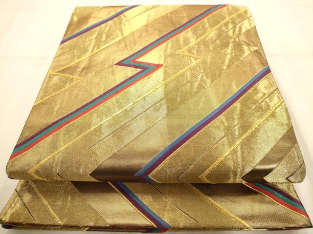 平和屋着物◎両面 六通柄袋帯 唐織 変わり斜縞 金糸 正絹 逸品 AABA4776dt