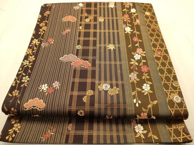 平和屋着物◎両面 六通柄袋帯 松花文 金糸 正絹 逸品 AABA4795dt
