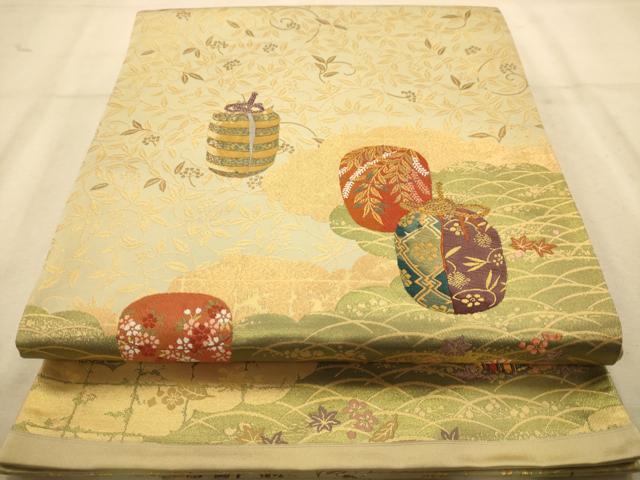 平和屋着物◎六通柄袋帯 唐織 器物文 金糸 正絹 逸品 AABA4796dt