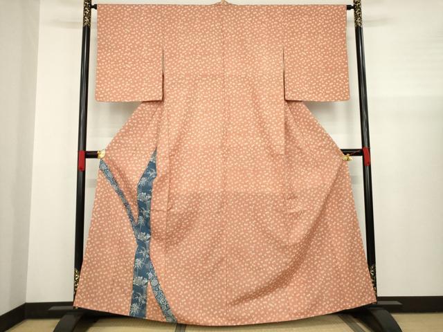 平和屋着物●訪問着 紬地 藍 型染め 吉祥花文 正絹 逸品 AABA4811ck