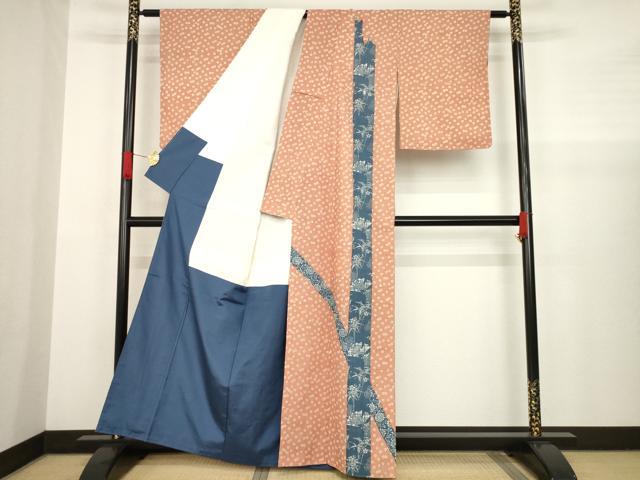 平和屋着物●訪問着 紬地 藍 型染め 吉祥花文 正絹 逸品 AABA4811ck