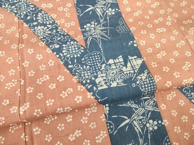 平和屋着物●訪問着 紬地 藍 型染め 吉祥花文 正絹 逸品 AABA4811ck