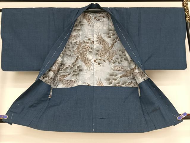平和屋着物●男性 紬 アンサンブル 色無地 留紺色 正絹 逸品 AABA5026np