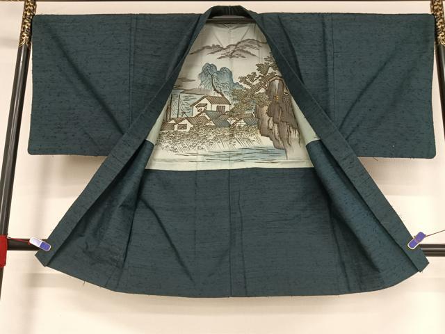 平和屋着物●男性 紬 アンサンブル 羽織:ひげ紬 留紺色 正絹 逸品 AABA5030np