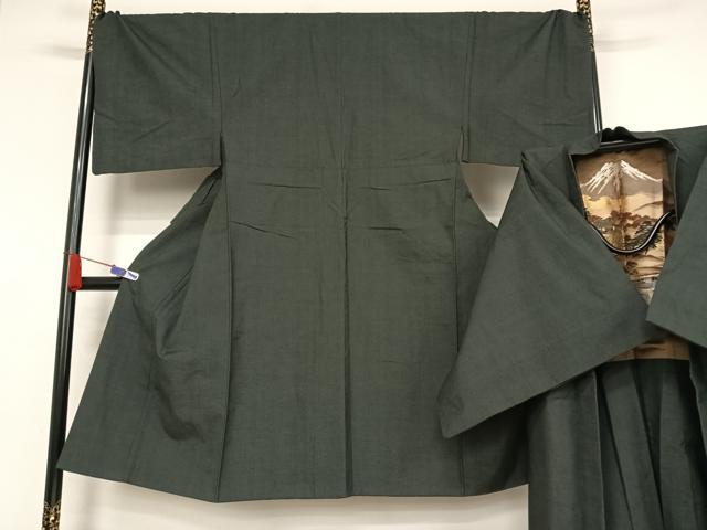 平和屋着物●男性 紬 アンサンブル 色無地 藍墨茶色 正絹 逸品 AABA5033np