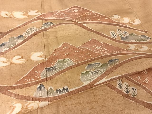 平和屋着物●訪問着 紬地 型染め 風景文 正絹 逸品 AABA5066np