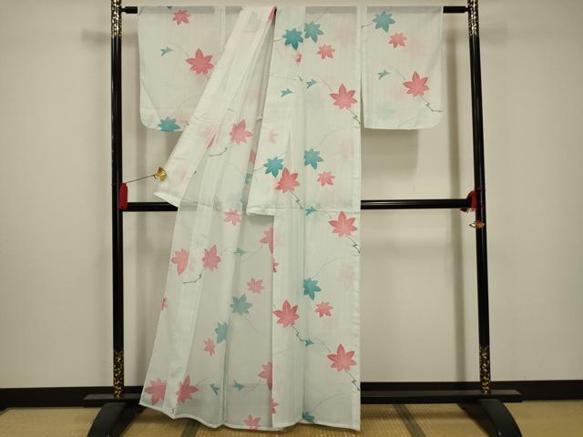 平和屋着物*夏物 小紋 絽 立波枝葉文 洗える着物 AABA5617sx