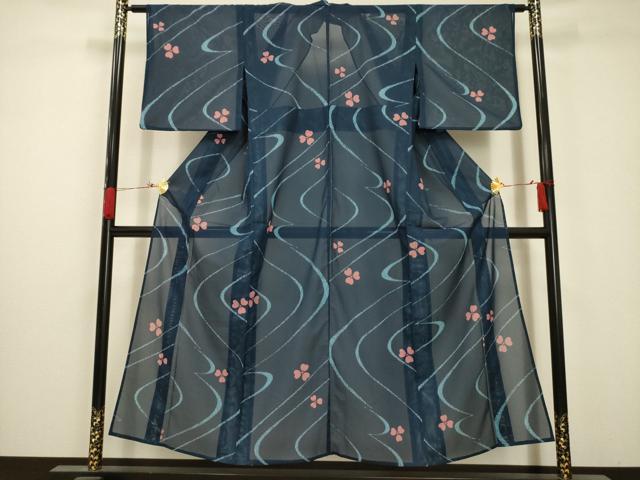 平和屋着物*夏物 小紋 絽 流水花文 洗える着物 AABA5739sx