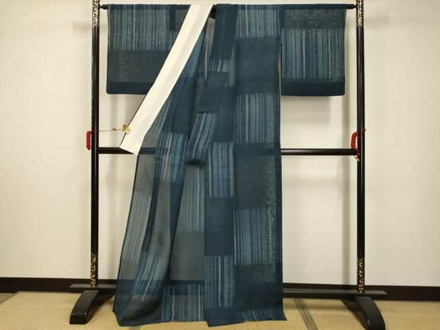 平和屋着物*夏物 紗紬 藍 絞り 市松文様 正絹 逸品 AABA5766sx