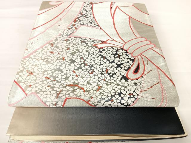 平和屋着物◎西陣 六通柄袋帯 唐織 結び紐花文 銀糸 正絹 逸品 AABA6334yx