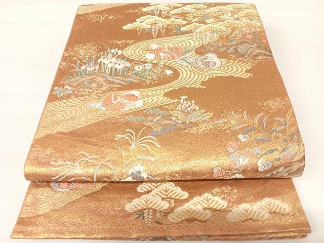 平和屋着物◎六通柄袋帯 唐織 鴛鴦花文 金糸 正絹 逸品 AABA6386yx