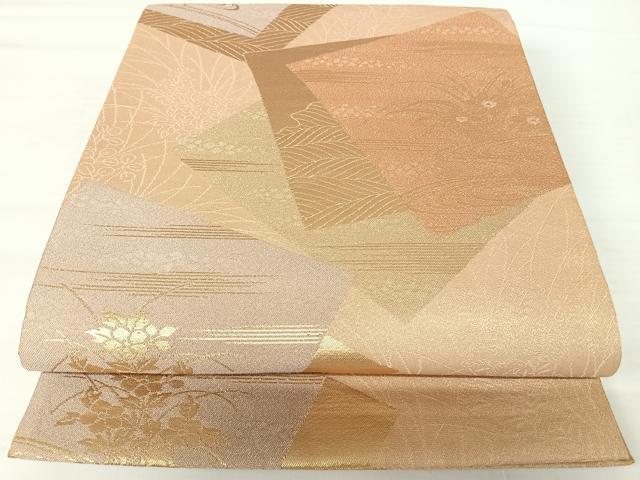 平和屋着物◎六通柄袋帯 色紙重ね花文 金糸 正絹 逸品 AABA6393yx
