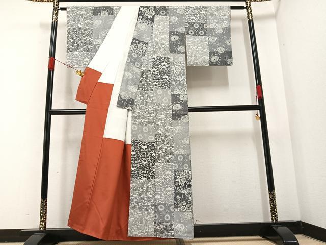 平和屋着物●上質な小紋 紬地 型染め 花唐草文 正絹 逸品 AABA6420ph