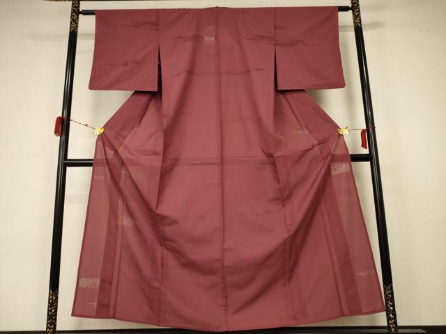 平和屋着物*夏物 色無地 縦絽 小豆色 正絹 逸品 AABA6536jd