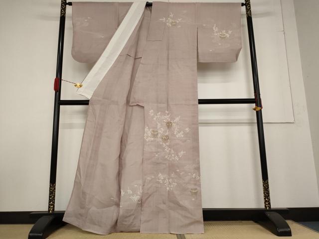 平和屋着物*夏物 訪問着 紬地 流水草花文 金彩 麻 逸品 AABA6842st