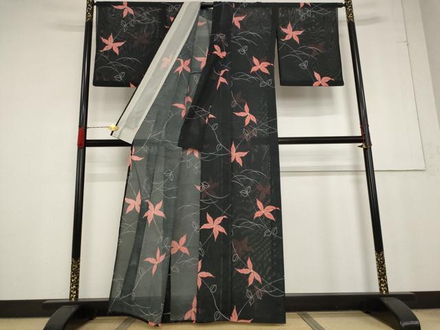 平和屋着物*夏物 小紋 絽 舞花文 黒地 洗える着物 AABA6848st