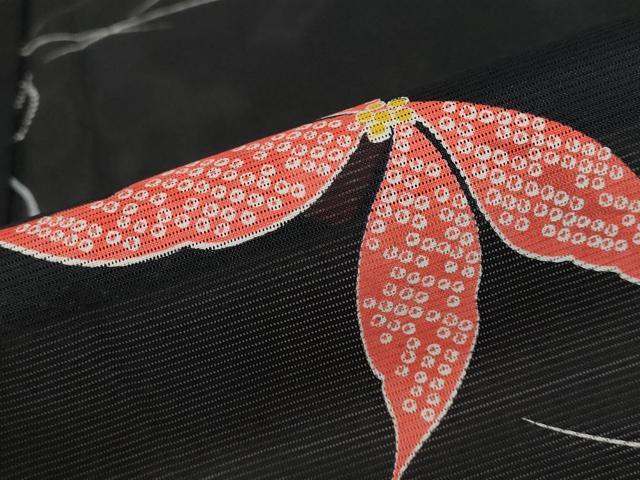 平和屋着物*夏物 小紋 絽 舞花文 黒地 洗える着物 AABA6848st