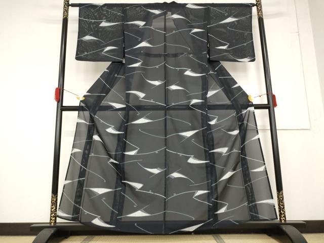 平和屋着物*夏物 小紋 絽 幾何学文様 黒地 洗える着物 AABA6865st