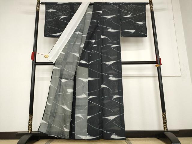 平和屋着物*夏物 小紋 絽 幾何学文様 黒地 洗える着物 AABA6865st