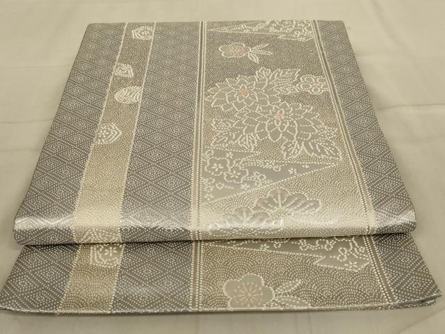 平和屋着物◎六通柄袋帯 花間道 銀糸 正絹 逸品 AABA6888ou