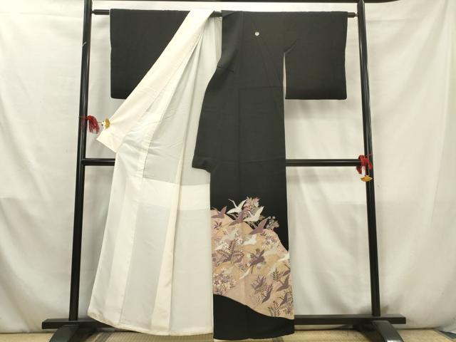 平和屋着物■豪華黒留袖 駒刺繍 飛鶴花文 金彩 正絹 逸品 AABA6947ma