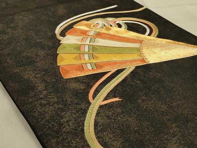 平和屋着物◎太鼓柄袋帯 駒刺繍 扇 黒地 金糸 正絹 逸品 AABA7178ou