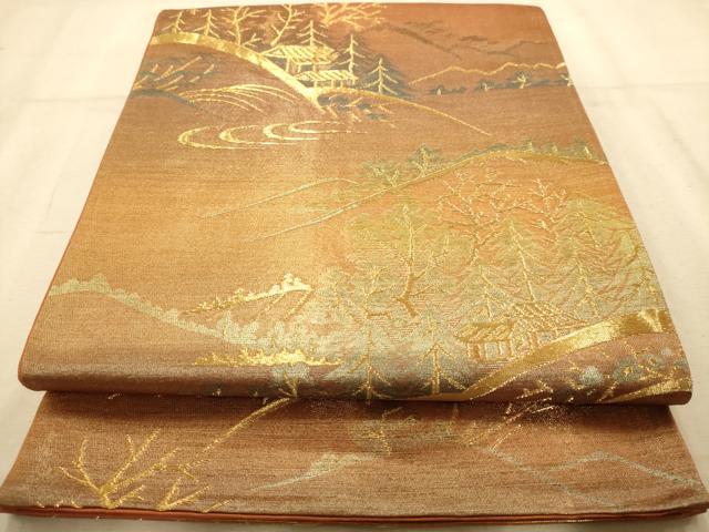 平和屋着物◎六通柄袋帯 風景文 金糸 正絹 逸品 AABA7201dt