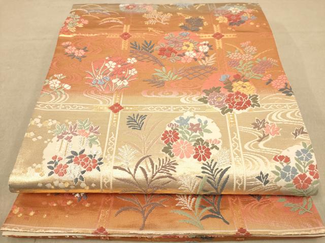 平和屋着物◎六通柄袋帯 唐織 格子花文 金糸 正絹 逸品 AABA7227dt