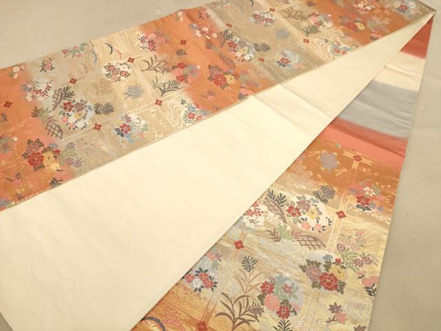平和屋着物◎六通柄袋帯 唐織 格子花文 金糸 正絹 逸品 AABA7227dt