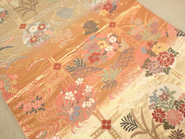 平和屋着物◎六通柄袋帯 唐織 格子花文 金糸 正絹 逸品 AABA7227dt