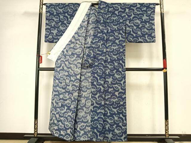 平和屋着物▽上質な小紋 単衣 藍 型染め 番傘 鬼しぼ縮緬 正絹 逸品 AABA7418fy