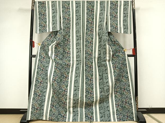 平和屋着物▽上質な紬 単衣 草花間道 ロング丈 正絹 逸品 AABA7456fy