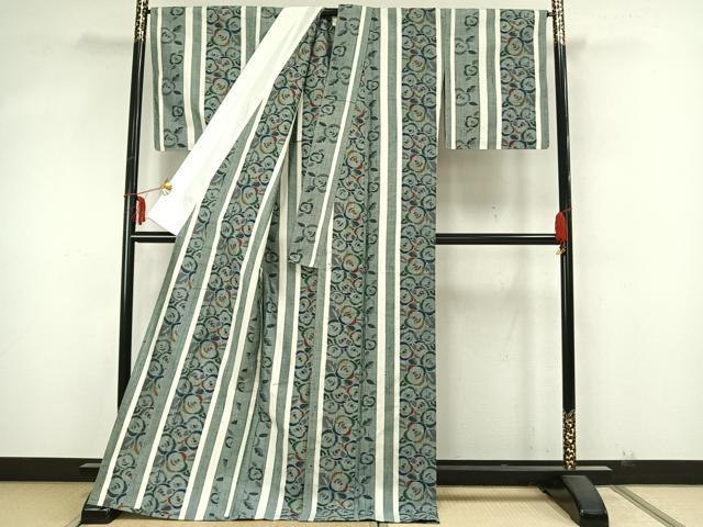 平和屋着物▽上質な紬 単衣 草花間道 ロング丈 正絹 逸品 AABA7456fy