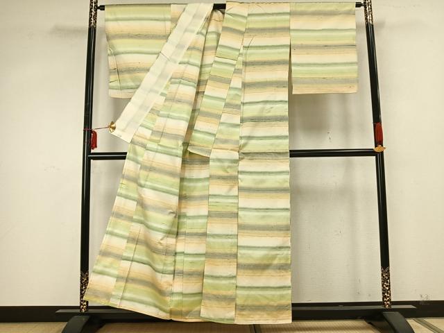 平和屋着物▽上質な紬 単衣 横段文 正絹 逸品 AABA7483fy